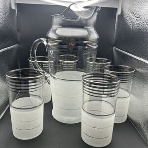 MacBeth Evans Platinum Ring Frosted 1930s Juice Cocktail Bar Pitcher & 6 Glasses